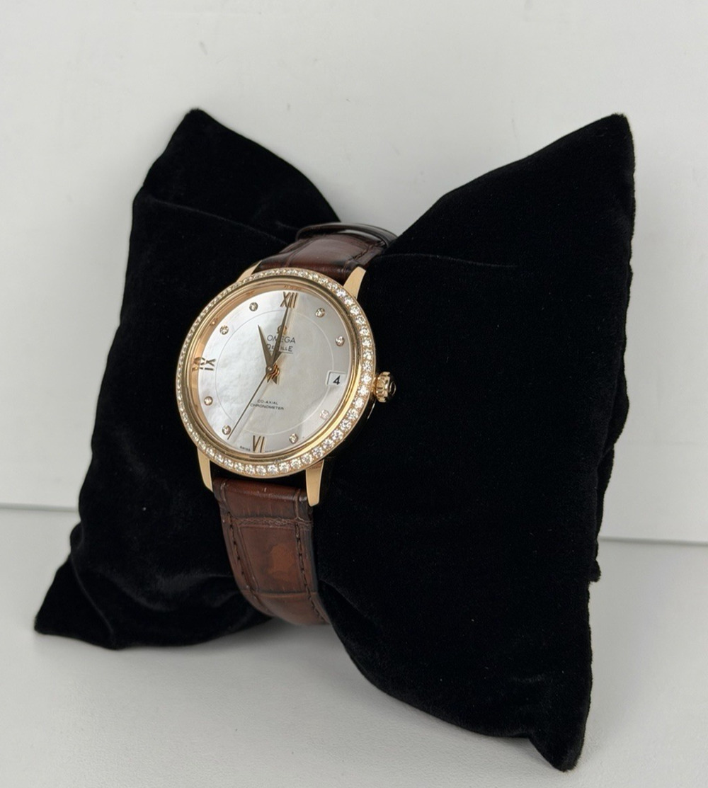 OMEGA De Ville Prestige Co-Axial Watch Diamond Bezel MOP Dial 18k 33mm